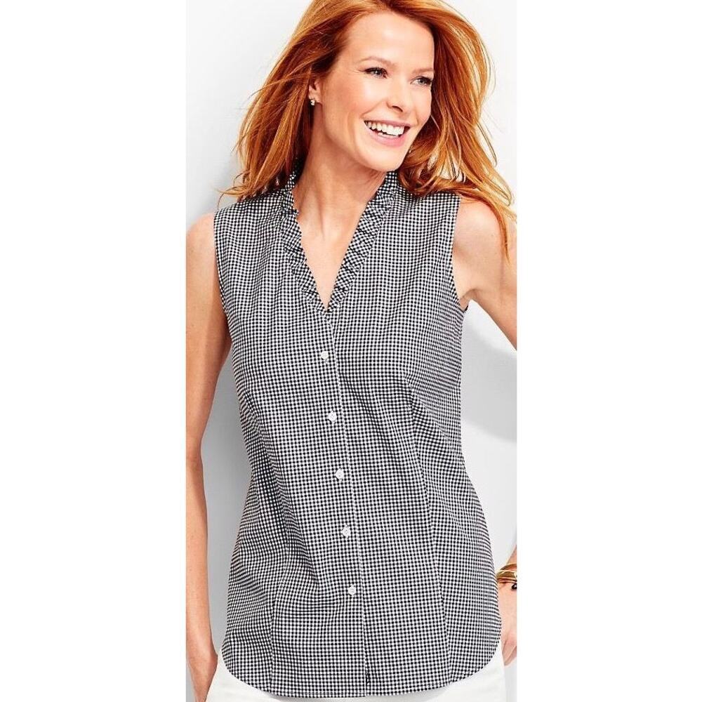 TALBOTS Black White Plaid Print Wrinkle Resistant Button Down Shirt Size 10